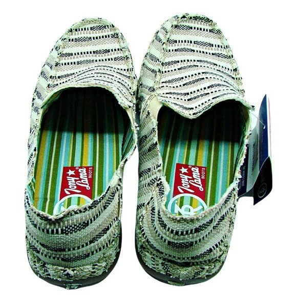 Womens Tony Lama Boots Canvas 3R Casual Slip On Shoes Tan Black Stripes 11B NWT - Picture 2 of 12